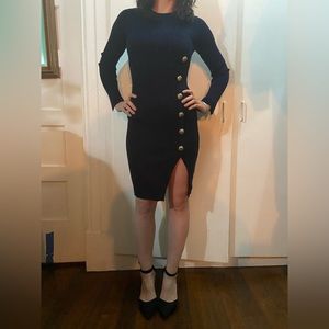 Morgan Navy Knitted Gold Lion Button Dress Size S